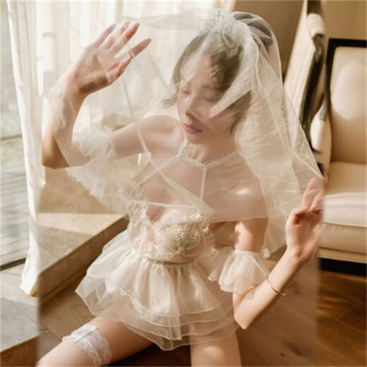 情趣婚纱新娘战袍女性感睡衣透明蕾丝婚纱情趣制服挑逗火辣诱惑套 纯情白套装+9756+模特袜 均码80-120斤