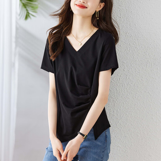 OLJ Light Luxury Brand T-Shirt für Frauen im Sommer 2025 Neue Schulter vorne Schulter Kurzschlärm Erfrischend unregelmäßiges Design und Fleischabdeckung Top Blue M.