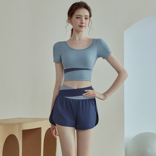 Victoria Traveler Yoga Suit Women's Running Sports Set Summer Fitness Suit Pilates Short Sleeve Shorts Belt Chest Pad Two-Piece Set Blue M