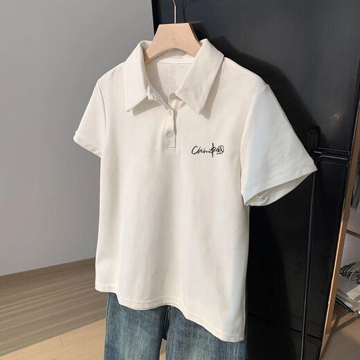 QXBKP夏季翻领女polo衫短袖白色T恤2025慵懒风设计感小众宽松上衣潮 【601白色-3894AND小图 2XL 建议140-160斤