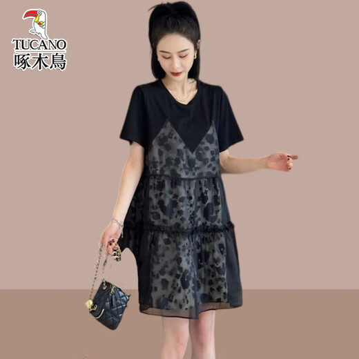 Woodpecker fake two-piece splicing slim dress with small temperament thin style short skirt for belly protection in summer new style black M (recommended to be less than 100 Jin [Jin equals 0.5 kg])