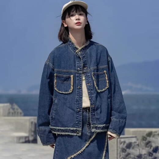韩版复古美式小个子水洗毛边口袋正肩小众设计圆领牛仔夹克外套 深蓝色 3XL