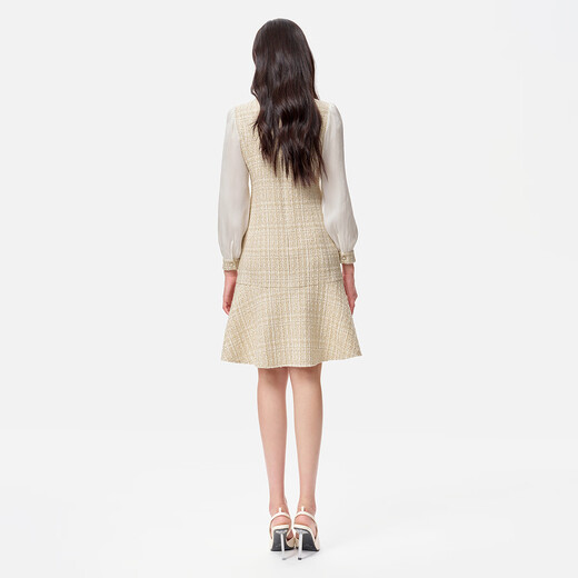 Kelaitel 2025 new autumn wool fake two-piece fragrant dress temperament fishtail skirt light orange yellow L