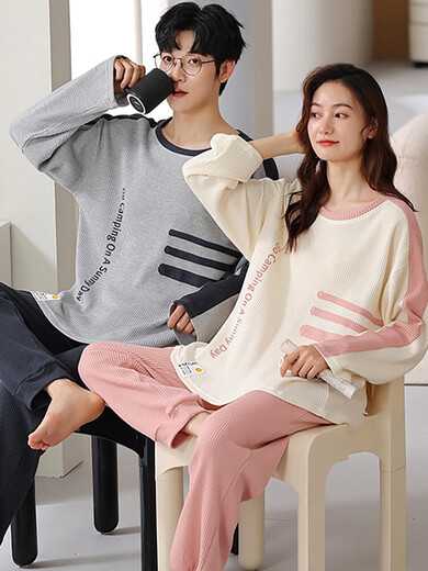 曼之伴（Manzhiban）情侣睡衣春秋款纯棉长袖宽松加大码家居服男女款薄款全棉套装 HMF7374#纯棉款情侣套装 女：M