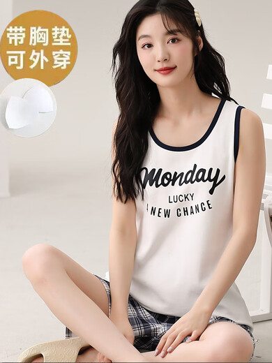 Pajama de chaleco modal para mujeres para el estilo delgado de verano con almohadillas en el pecho integradas con una cómoda pieza de algodón de algodón sin mangas para el juego de ropa para el hogar [con almohadillas en el pecho] F9856 M Tamaño de la mujer RECOMENDADO 80-100B