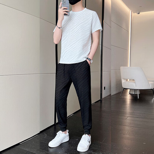 VACK summer short-sleeved T-shirt suit men's cool fashion summer casual men's sports men's suit summer clothes 719 gray L (115-130Jin[Jin equals 0.5 kg])