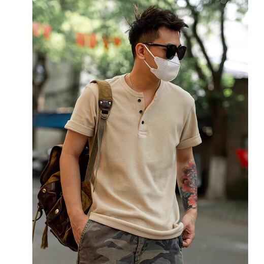 仓石一树仓石一树美式短袖亨利衫领T恤男夏季重磅抗皱潮流帅气百搭POLO衫 军绿色 XL 155-170斤