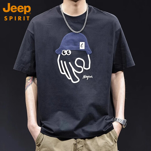 JEEPSPIRIT凉感科技棉短袖t恤男宽松大码潮牌夏季2025新款衣服百搭体恤上衣 675黑色 L
