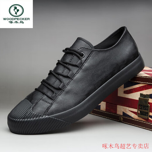 Woodpecker men's shoes 2025 new spring trendy shoes casual shoes breathable men's leather shoes trendy flat-soled British all-match shoes SS9851 black and white 38
