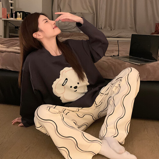 Yalu new pajamas for women in spring and autumn summer long-sleeved cute student dormitory pure and lustful home clothing set KT-16818-wavy dog ​​M [suggested 80-100Jin [Jin equals 0.5 kg]]