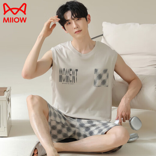Catman (Miiow) Pajamas de hombres de algodón puro, pantalones cortos de chaleco de verano, ropa para el hogar de talla grande se puede usar fuera de 2025 Nuevo estilo OM13657# L