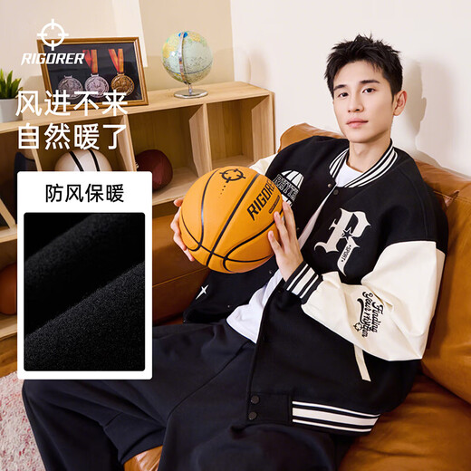 The new autumn and winter baseball uniform jacket for men and women American retro PU sleeve embroidery trendy versatile loose sports jacket for men pure black thickened XL (180)