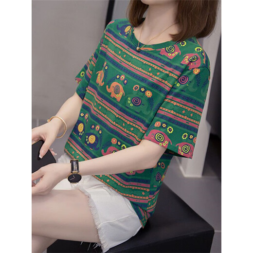 Hua Jiuqing Ladies Manga corta Mujeres de gama alta Fashion A Little Middle-Thing Loose Large Summer Autfit Fat 200 Jin [Jin equivale a 0.5 kg] Tapa del vientre 6626 Green M 80-95 Jin [Jin equivale a 0.5 kg]