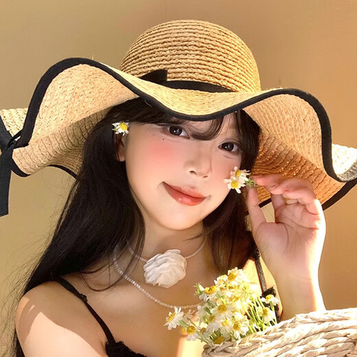 逸兼遮阳帽蝴蝶结波浪边草帽女夏季复古大帽檐遮阳帽海边沙滩度假帽子 波浪渔夫帽草帽【卡其均码】 自带防风绳