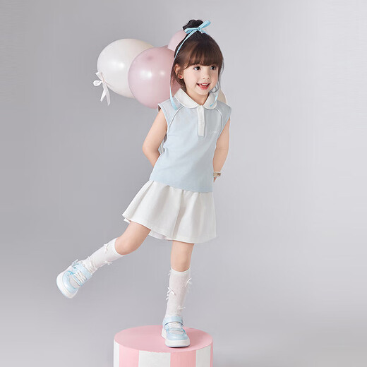 笛莎童装女童套装2025夏季小女生运动风撞色裙裤套装 清水蓝 150