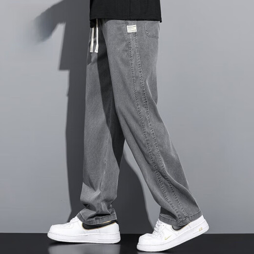 
Pure summer thin ice silk jeans for boys casual pants loose straight wide-leg spring and autumn style Tiansi men's pants 1048# gray + black. 10XL 4xl 185-200Jin[Jin equals 0.5 kg]