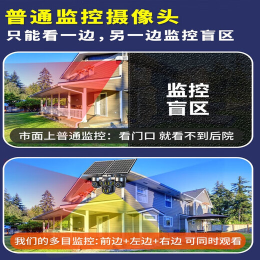 Deep Vision Jiezhen three lens three rotating solar energy no recharge surveillance camera household powerless and networkless mobile phone remote 360 degrees no dead angle outdoor waterproofing Free recharge three lens three rotating high-definition day and night full color night vision solar dual panel power supply