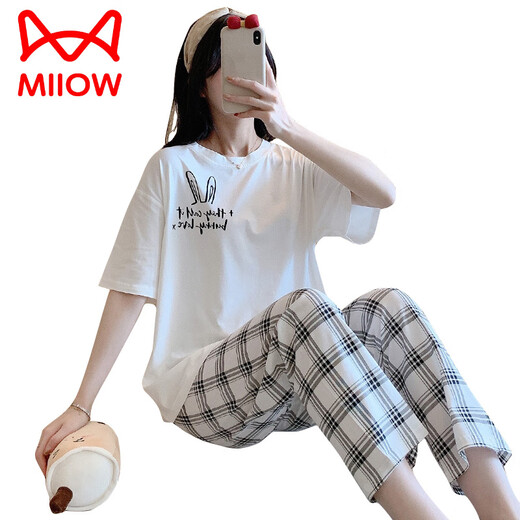 猫人（MiiOW）春秋睡衣女夏季薄款纯棉短袖长裤两件套装宽松全棉休闲女士家居服 SSM-6625 L 【95-120斤】