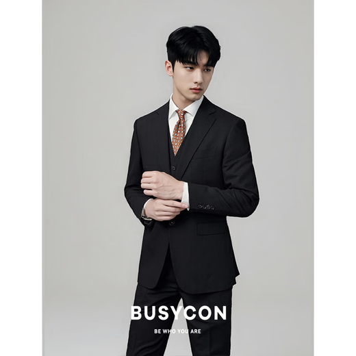 BUSYCON高端羊毛黑色西装男套装商务休闲职业西服外套男士新郎结婚礼服 黑色(两件套:上衣+裤子) 52 参考体重150-160斤