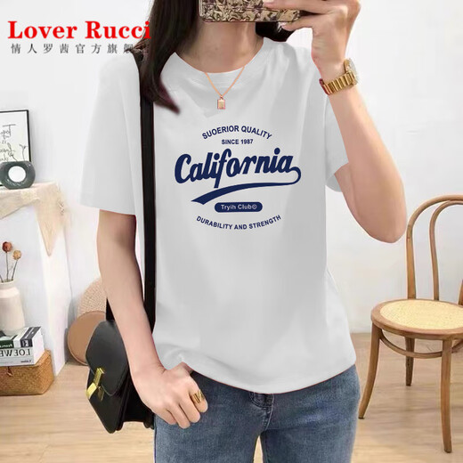 Amante Rucci Camiseta de manga corta de algodón puro blanco para mujeres Hong Kong Fabor Chic Top 2025 Summer NUEVA VERSIÓN COREANA TRENDA TRENDA LOGRA TAMAÑO BLANCO 6172 Modelo regular blanco (estampado azul) S