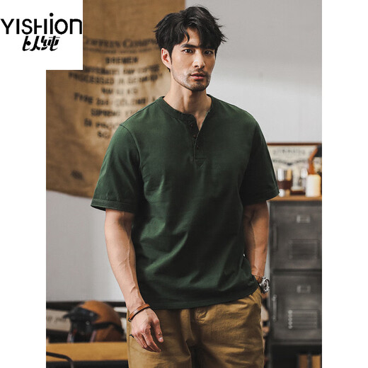 Pure (YISHion) American 320g heavyweight t-shirt men's short-sleeved polo shirt men's 2025 new loose tough guy Henry shirt T-shirt men 2323 military green S suitable for 90-115Jin Jin equals 0.5 kg