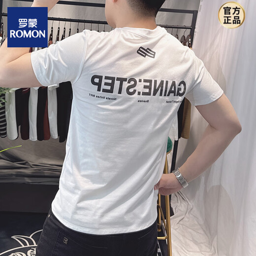 罗蒙（ROMON）欧洲站2025新款刺绣纯棉短袖T恤男士夏季感字母印花修身上衣 黑色 DF9905 M 【建议90-110斤】