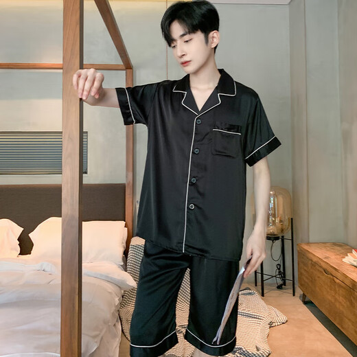 
New ice silk pajamas for men 2025 summer day black high-end shorts shorts home clothing G723 L is about 170 height, weight is 100-130 Jin [Jin equals 0.5 kg]