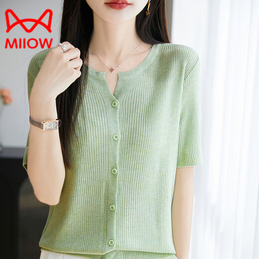 Cat Man (MiiOW) light luxury gentle style collar knitted short-sleeved shirt for women in summer thin ice silk light breathable cardigan short top Beige M 90-110Jin [Jin equals 0.5 kg]