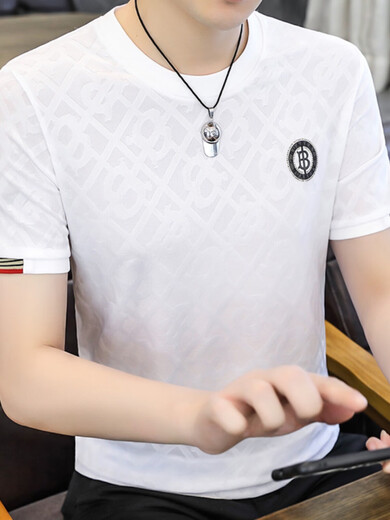 L Lilang 2025 summer new men's ice silk short-sleeved T-shirt jacquard half-sleeved T-shirt plus fat plus size quick drying 698 white 5XL 185-200Jin [Jin equals 0.5 kg]