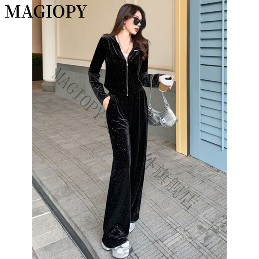 MAGIOPY国际奢侈高档品牌网红同款休闲运动套装女春高端黑色丝绒外套上衣 黑色两件套 M(101-110斤)