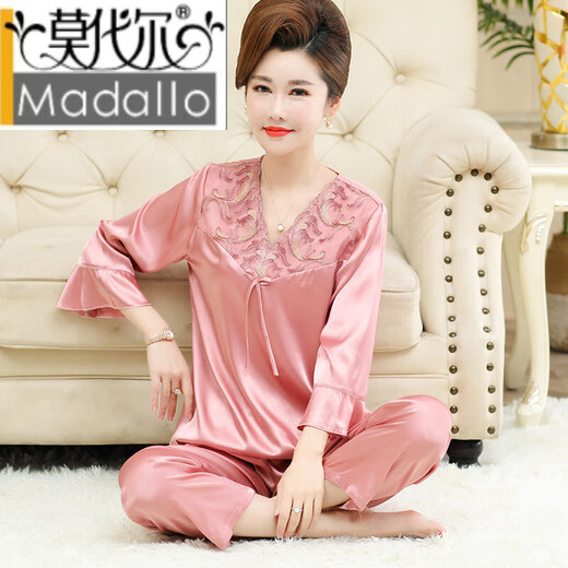 莫代尔冰丝睡衣女士夏季薄款七分袖长裤加大码中年妈妈绸家居服套装 QYN-浅粉683 M (适合80-100斤)