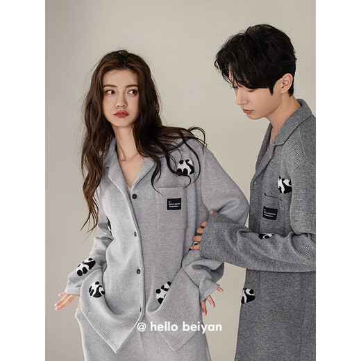 Benny Bear Beiyan Spring and Autumn New Thick Knitted Cotton Long-Sleeved Couple Pajamas Cute Panda Men and Women Home Clothing Set C20790 Women's XL Size