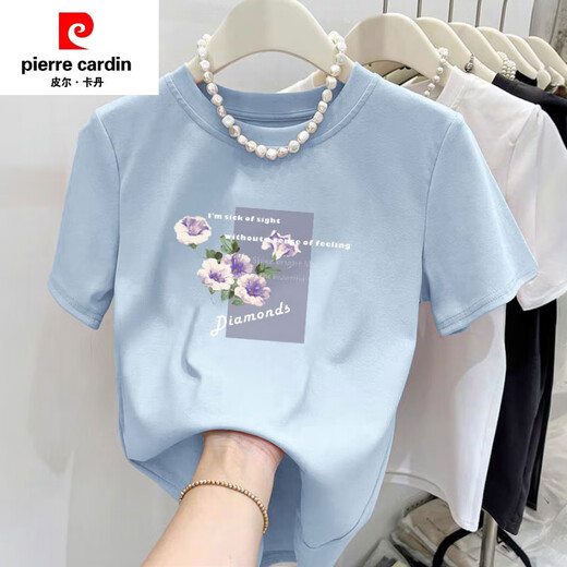 Pierre Cardin (Pierre Cardin) T-shirt en coton pur en coton pur pour femmes conception littéraire rond à manches courtes en vrac rose T-shirt Summer 2025 Nouveau top 6172 Gray Powder M (recommandé 80-105 Jin [Jin est égal à 0,5 kg]))