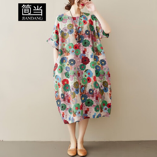 Jiandang Summer Plus Size Damen Loose Slim Dress Literarischer und westlicher Stil Retro Kurzarm Fleischbedeckender mittellanger Rock XR686 5612 Blumen One Size 130-185Jin Jin entspricht 0,5 kg