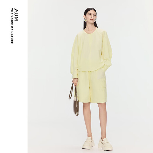AUM Easy Suit AUM 2025 Autumn New Round Neck Loose Top Straight-leg Medium Pants Shorts Women Beige Top M