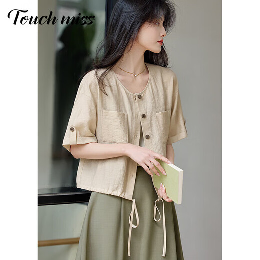 Tachi Miss Little Lazy Style Short Jacket Women 2025 Summer New Round Neck Versatile Casual Thin Cardigan Top Women Khaki M