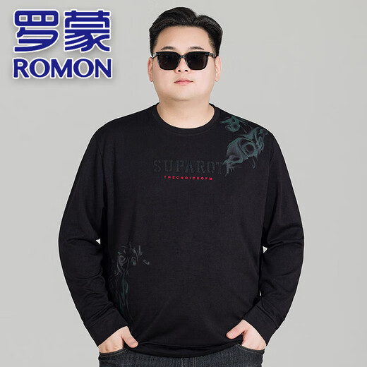 罗蒙（ROMON）轻奢加肥加大圆领男士长袖T恤卫衣胖子男装大码宽松休闲套头上衣 9855黑色 7XL (建议250-270斤)
