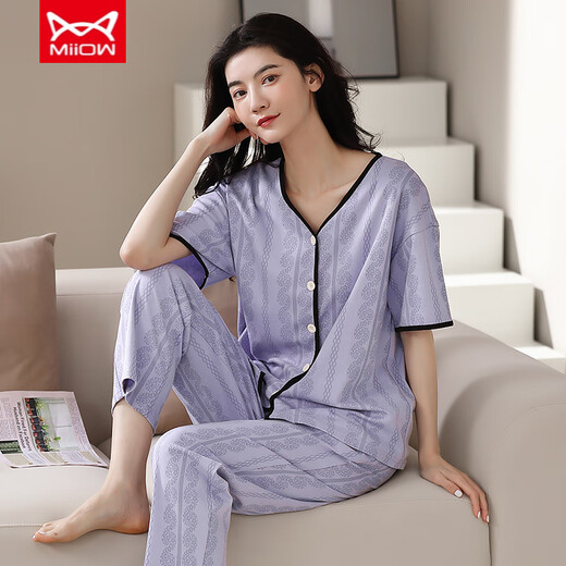 猫人（MiiOW）纯棉睡衣女春夏短袖长裤开衫韩版可爱领夏天家居服全棉套装 YSH-911#开衫 L 码100-120斤需预留缩水
