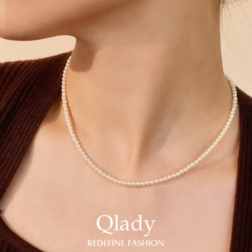 Qlady小米珠珍珠项链女款2025新款银叠戴颈链轻奢感毛衣链耳钉 3mm+延长链(38+5cm)
