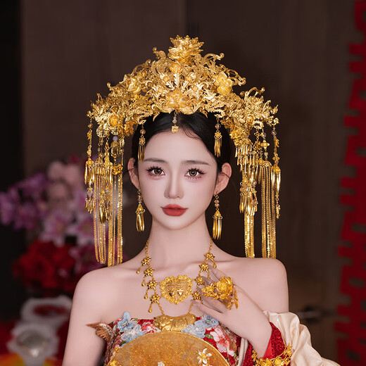Shien Bride Golden Big Phoenix Crown Chinese Style Hair Accessory Ancient Style Palace Gorgeous and Majestic Xiu He Clothes National Style Dress Wedding Headwear Phoenix Crown MT086