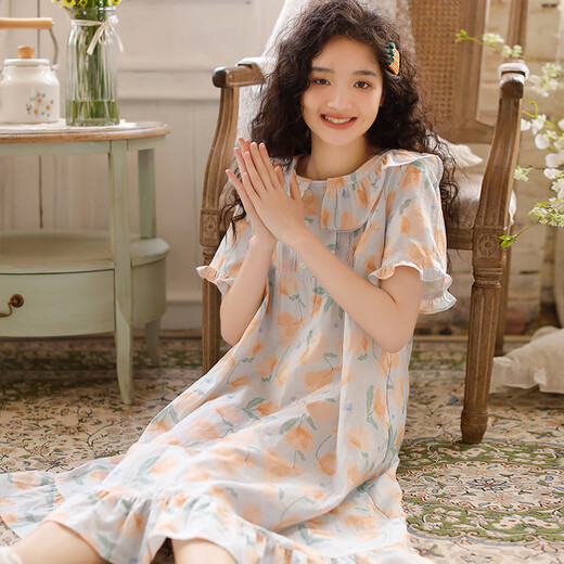 Yalu Summer Women's Pure Cotton Double-Layer Makegown Nightgown Nightgown Японская сладкая и симпатичная пулочка с короткими рукавами средней длины новая домашняя пижама 3893 синяя вышивка M: (предлагается 98-110JIN [Jin равняется 0,5 кг])