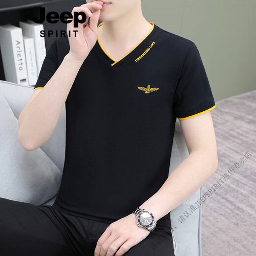 Jeep Spirit High Quality Thin Blanc Men pour hommes V pour hommes en V Corme courte à manches courtes Shirt Base Youth Top Summer Nouveau coton pur T-shirt noir Q694 Garde courte 3xl
