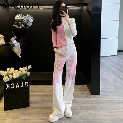 MAGIOPY国际奢侈高档品牌小众不撞款时尚套装女初秋拼色v领针织长袖上衣 上衣+粉白色裤子 S(100斤以内)