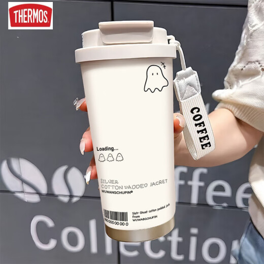 膳魔师（THERMOS）可爱幽灵保温杯高颜值学生不锈钢便携新款双饮咖啡男女吸管水杯子 BXAB13795幽灵粉+配挂绳 陶瓷内胆