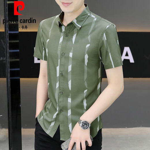 皮尔卡丹新款2025夏季男士短袖衬衫潮流痞帅气感冰丝寸衣薄款凉爽衬衣 黑色 薄款 抗皱t恤男7027 XL 125-140斤
