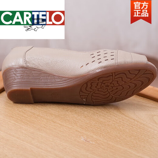 
CARTELO high-end mother sandals heeled leather cow tendon sole anti-slip soft sole comfortable and versatile fish-mouth shoes middle-aged women's shoes apricot color small size, one size larger 38