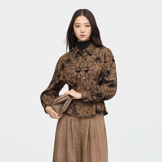 S.DEER women's 25-year new retro lapel embroidered irregular long-sleeved shirt S253Z0503 dark brown red/09 M