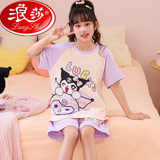 浪莎儿童睡衣女夏季短袖薄款棉质学生女大童卡通拉布布宽松套装家居服 MK6627恐龙绿[短套] 10码[推荐身高110-120] 均码