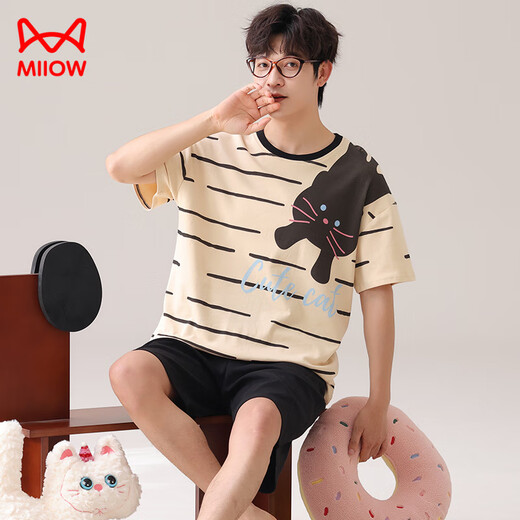 Chat man (miiow) pyron de coton pur style d'été mince d'été 2025 Nouveau costume à manches courtes pour les adolescents peut porter des vêtements à la maison à l'extérieur de A-844 hommes 2xl