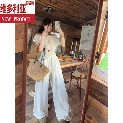 Victoria's style casual suit for women's summer 2025 new style paired with a complete set of navy blue slanted shoulder short-sleeved T-shirt wide-leg pants two-piece set white pants S